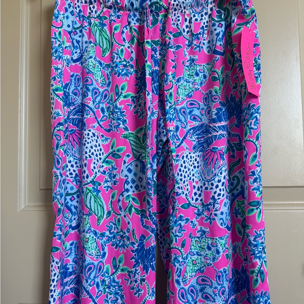 New Tags Lilly Pulitzer silk pajama woven  pants M untamed hearts plumeria pink